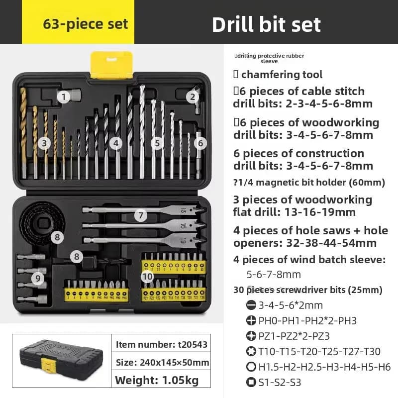 Bestselling 63-Piece Woodworking Tool Combo Set Titanium-Coated Metal Twist & Center Drill Bits for Masonry Use